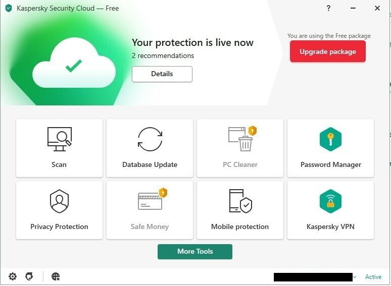 Kaspersky Cloud Free program, Scan and Database Update and almost 